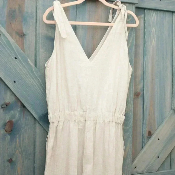 Khaki 100% Linen Cropped Jumpsuit Tan Romper Size Small Anthropologie - Picture 9 of 9